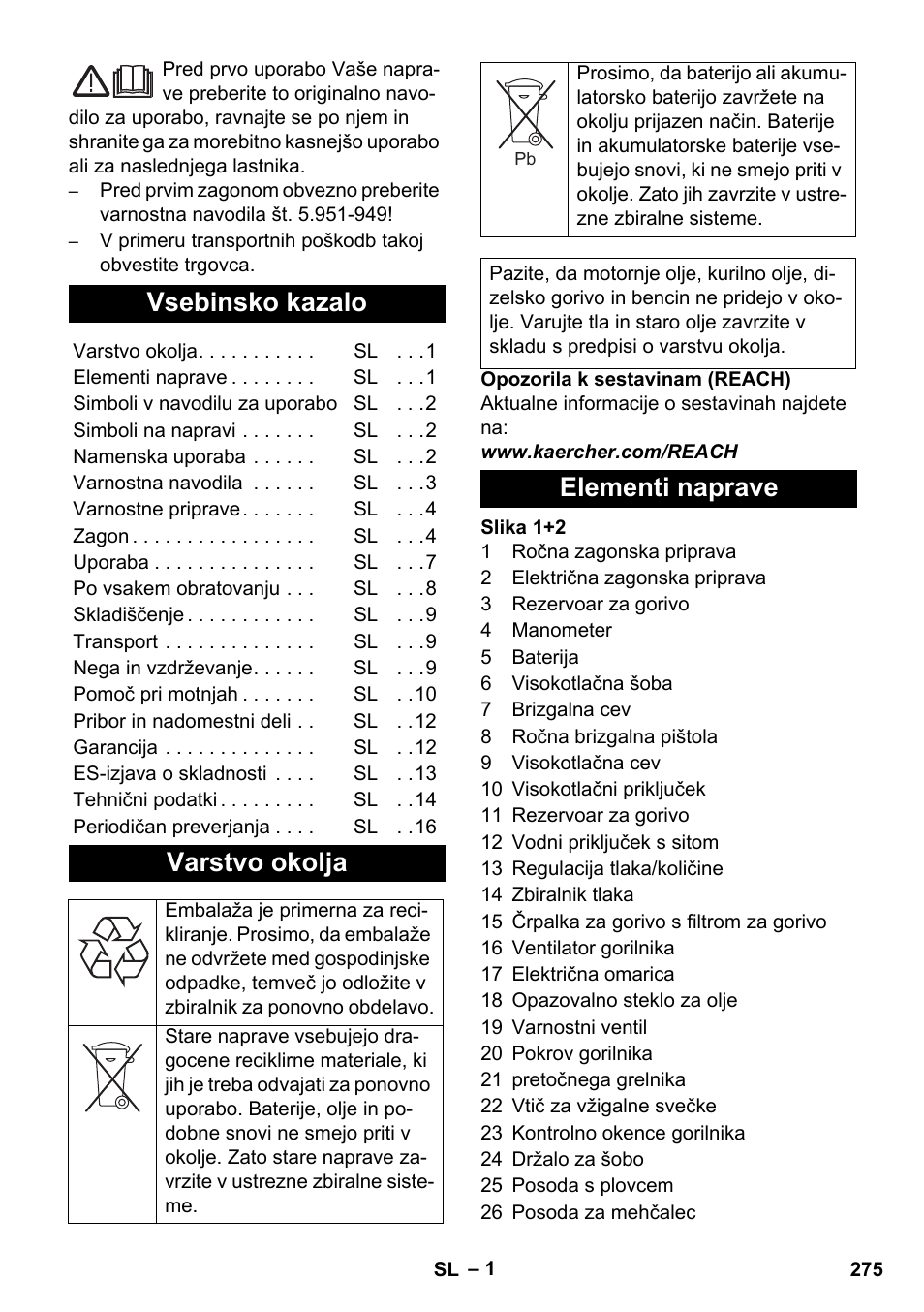 Slovenščina, Slovenšina, Vsebinsko kazalo | Varstvo okolja, Elementi naprave | Karcher HDS 1000 De User Manual | Page 275 / 474