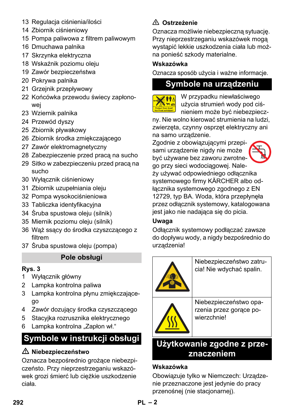 Symbole w instrukcji obsługi symbole na urządzeniu, Użytkowanie zgodne z prze- znaczeniem | Karcher HDS 1000 De User Manual | Page 292 / 474