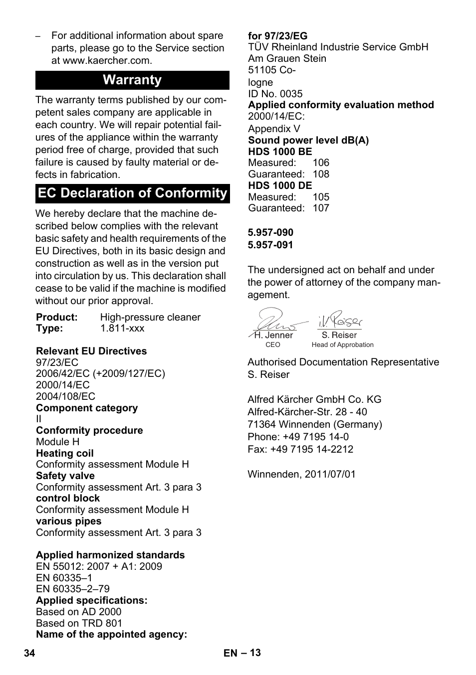 Warranty ec declaration of conformity | Karcher HDS 1000 De User Manual | Page 34 / 474