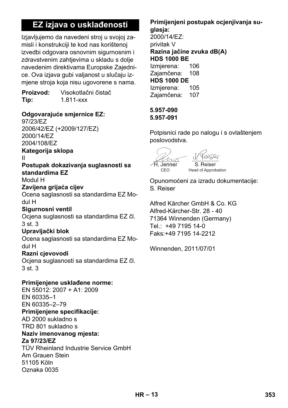 Ez izjava o usklađenosti | Karcher HDS 1000 De User Manual | Page 353 / 474