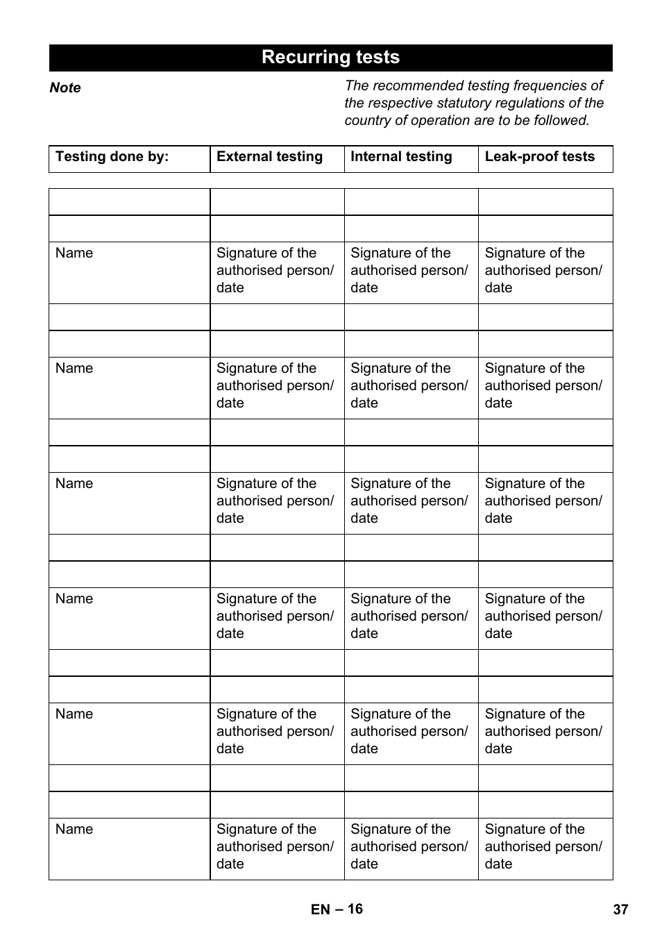 Recurring tests | Karcher HDS 1000 De User Manual | Page 37 / 474