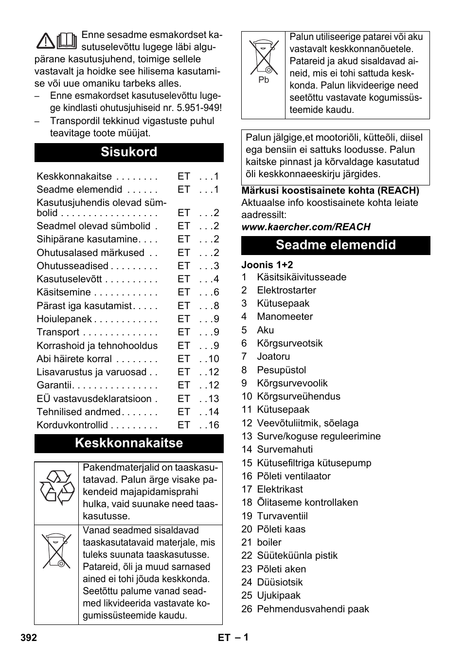 Eesti, Sisukord, Keskkonnakaitse | Seadme elemendid | Karcher HDS 1000 De User Manual | Page 392 / 474