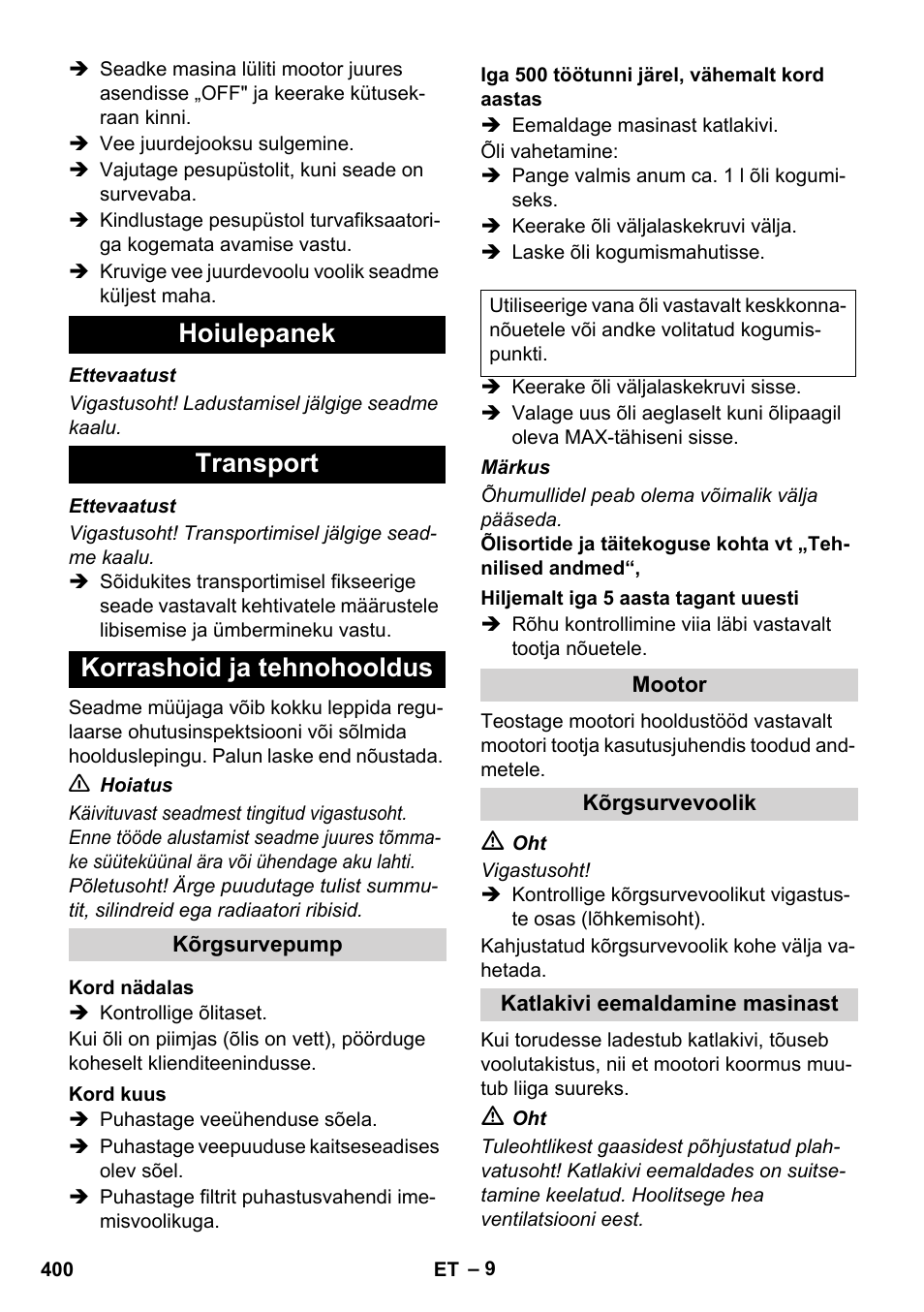 Hoiulepanek transport korrashoid ja tehnohooldus | Karcher HDS 1000 De User Manual | Page 400 / 474