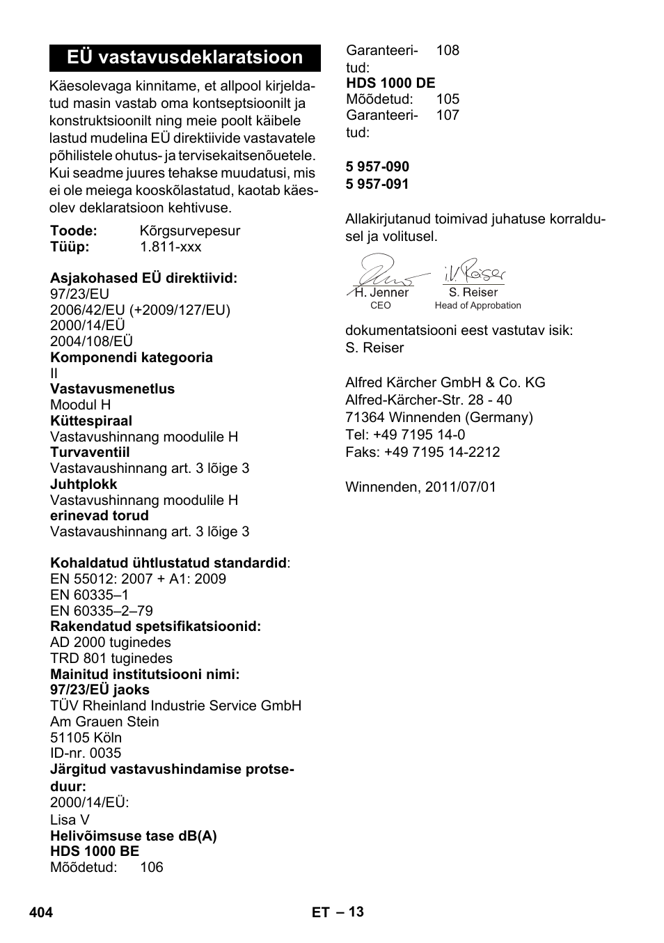 Eü vastavusdeklaratsioon | Karcher HDS 1000 De User Manual | Page 404 / 474