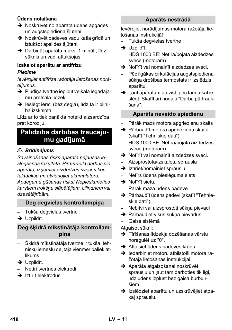 Palīdzība darbības traucēju- mu gadījumā | Karcher HDS 1000 De User Manual | Page 418 / 474