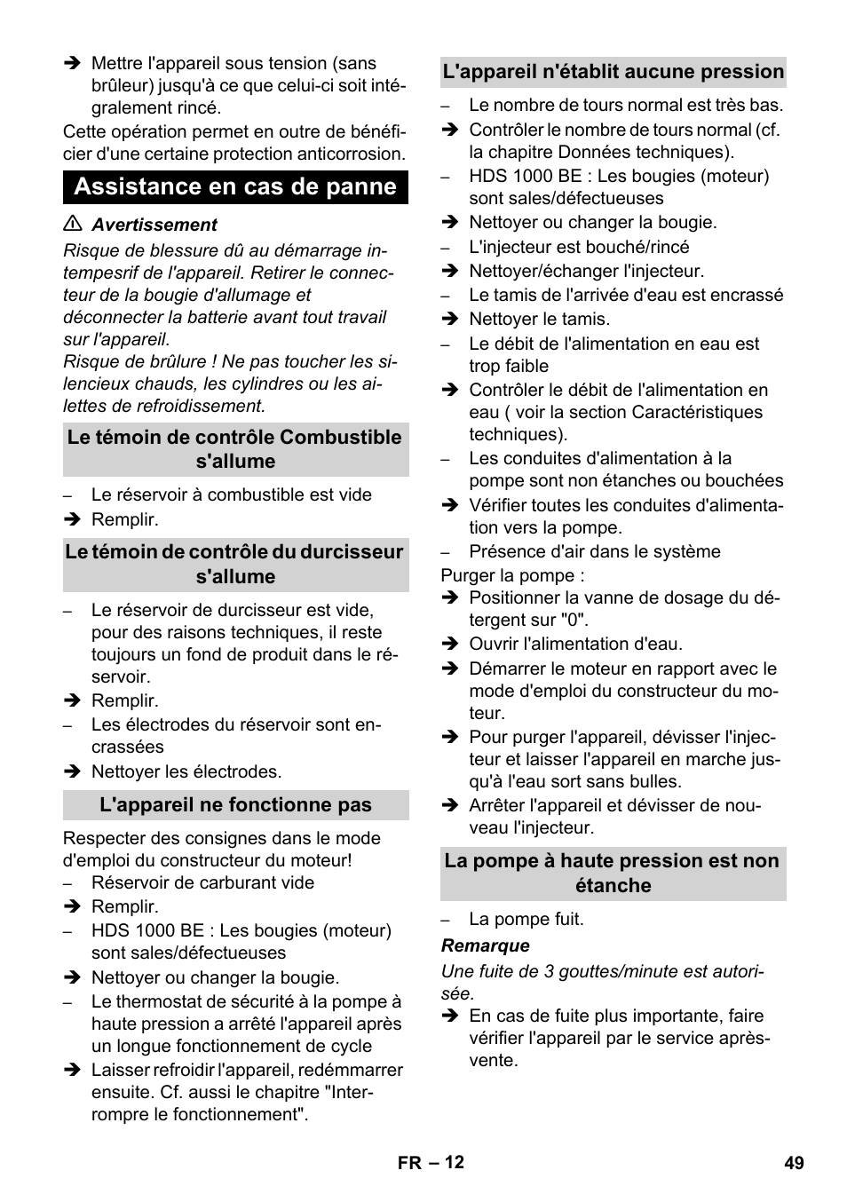 Assistance en cas de panne | Karcher HDS 1000 De User Manual | Page 49 / 474