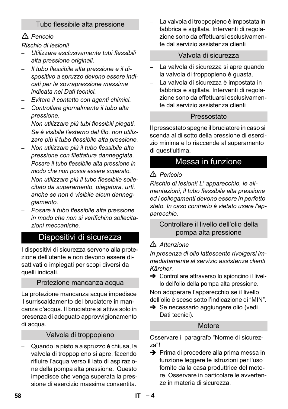 Dispositivi di sicurezza, Messa in funzione | Karcher HDS 1000 De User Manual | Page 58 / 474