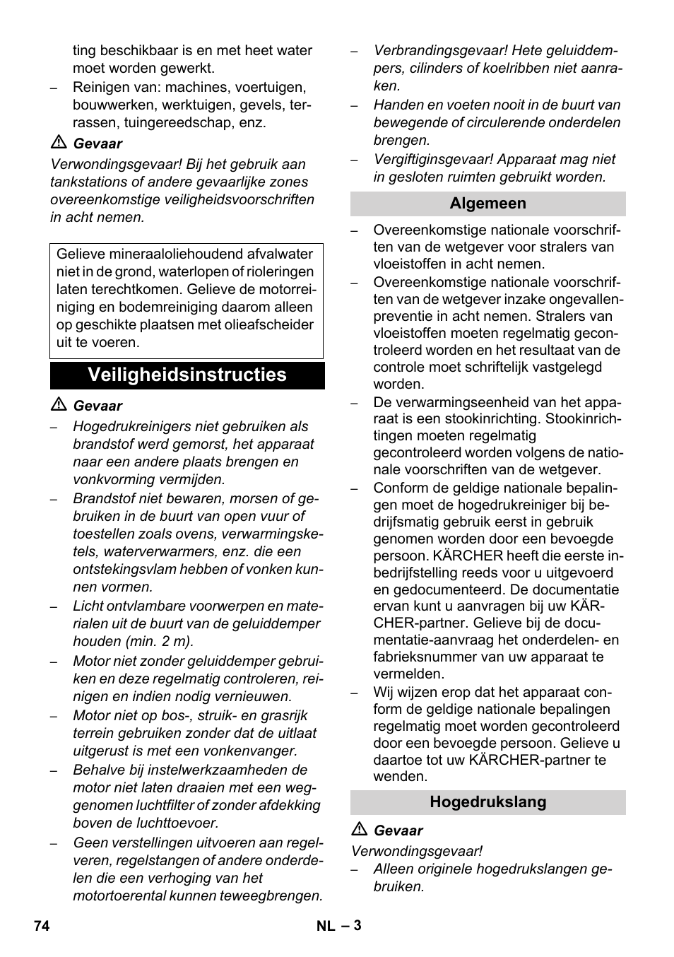 Veiligheidsinstructies | Karcher HDS 1000 De User Manual | Page 74 / 474