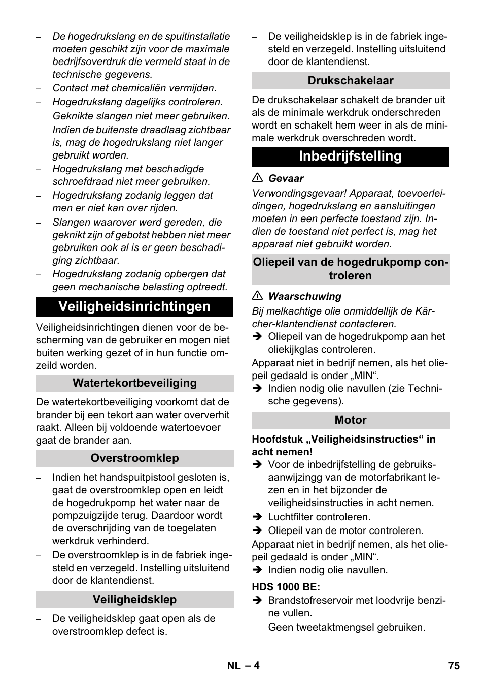 Veiligheidsinrichtingen, Inbedrijfstelling | Karcher HDS 1000 De User Manual | Page 75 / 474