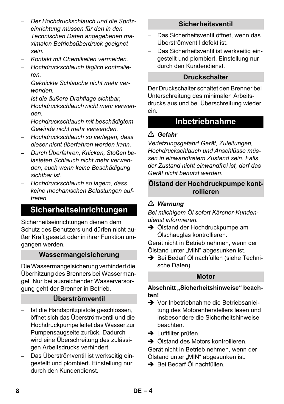 Sicherheitseinrichtungen, Inbetriebnahme | Karcher HDS 1000 De User Manual | Page 8 / 474