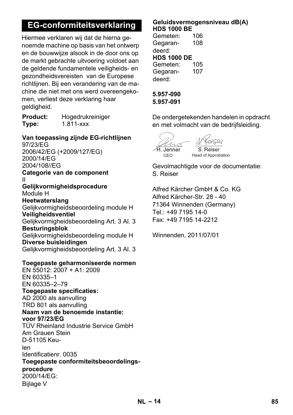 Eg-conformiteitsverklaring | Karcher HDS 1000 De User Manual | Page 85 / 474