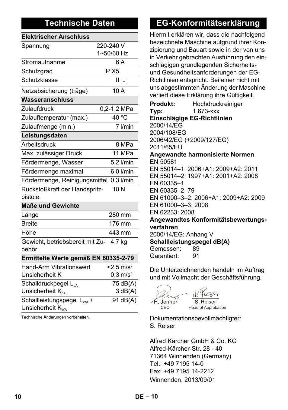 Technische daten, Eg-konformitätserklärung | Karcher K 2 Basic User Manual | Page 10 / 244