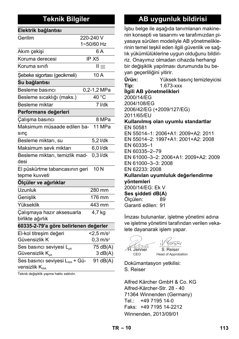 Teknik bilgiler, Ab uygunluk bildirisi | Karcher K 2 Basic User Manual | Page 113 / 244