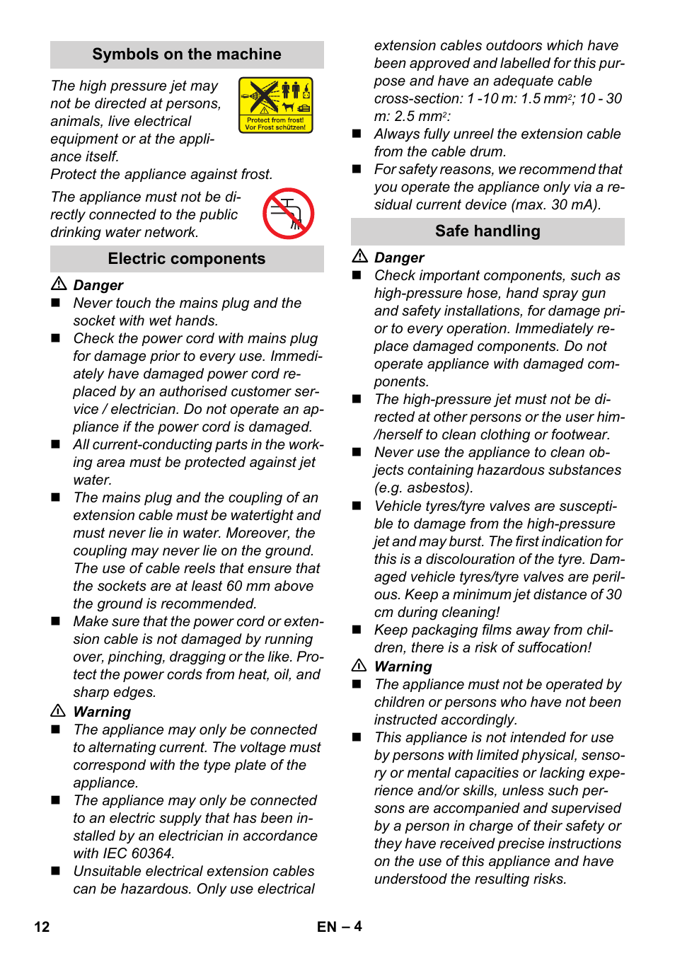 Symbols on the machine, Electric components, Safe handling | Karcher K 2 Basic User Manual | Page 12 / 244