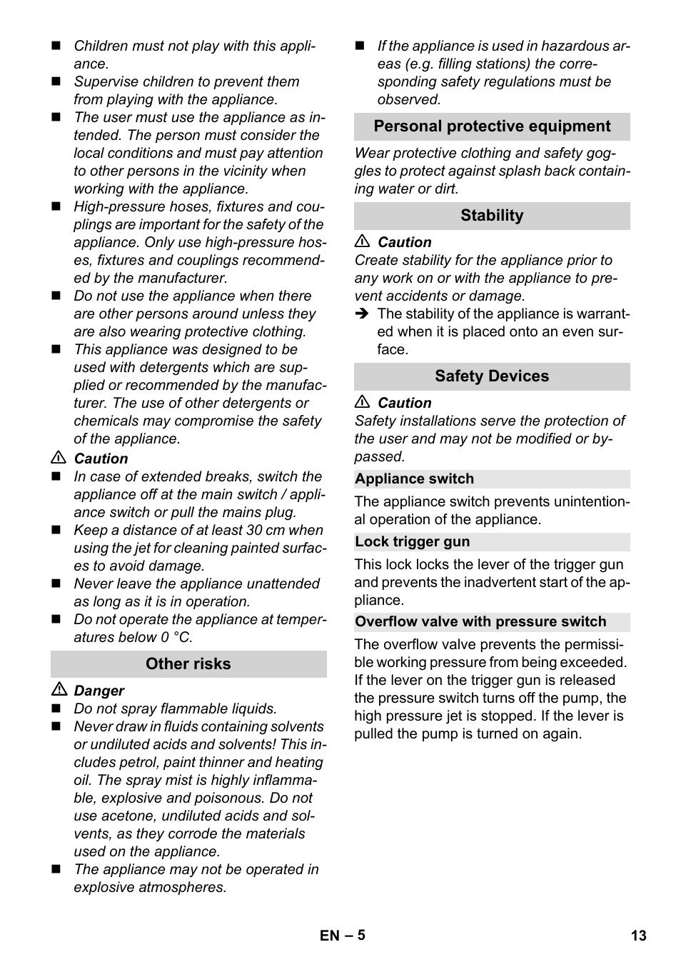 Other risks, Personal protective equipment, Stability | Safety devices, Appliance switch, Lock trigger gun, Overflow valve with pressure switch | Karcher K 2 Basic User Manual | Page 13 / 244
