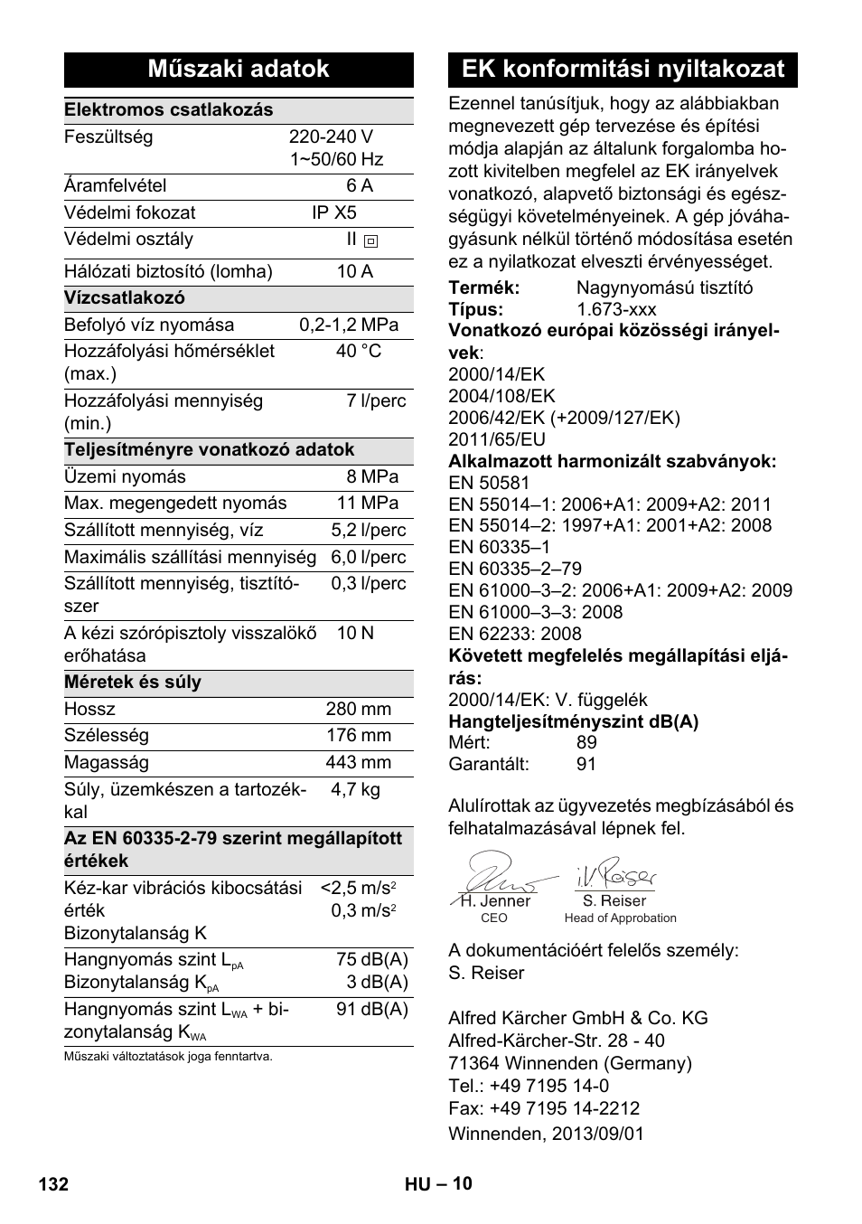 Műszaki adatok, Ek konformitási nyiltakozat | Karcher K 2 Basic User Manual | Page 132 / 244