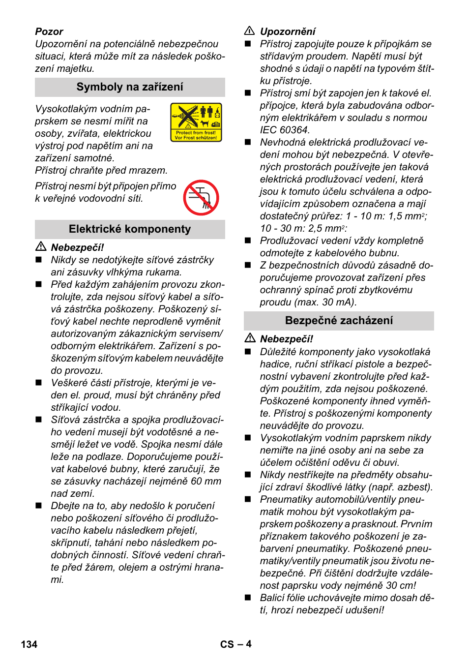 Symboly na zařízení, Elektrické komponenty, Bezpečné zacházení | Karcher K 2 Basic User Manual | Page 134 / 244