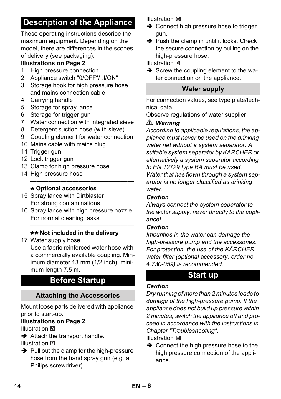 Description of the appliance, Before startup, Attaching the accessories | Water supply, Start up, Description of the appliance before startup | Karcher K 2 Basic User Manual | Page 14 / 244