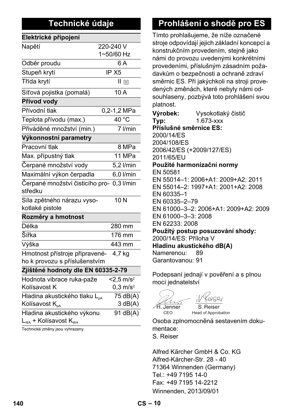 Technické údaje, Prohlášení o shodě pro es | Karcher K 2 Basic User Manual | Page 140 / 244