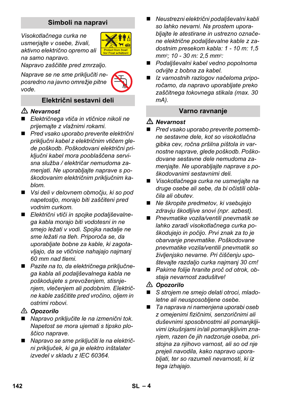 Simboli na napravi, Električni sestavni deli, Varno ravnanje | Karcher K 2 Basic User Manual | Page 142 / 244