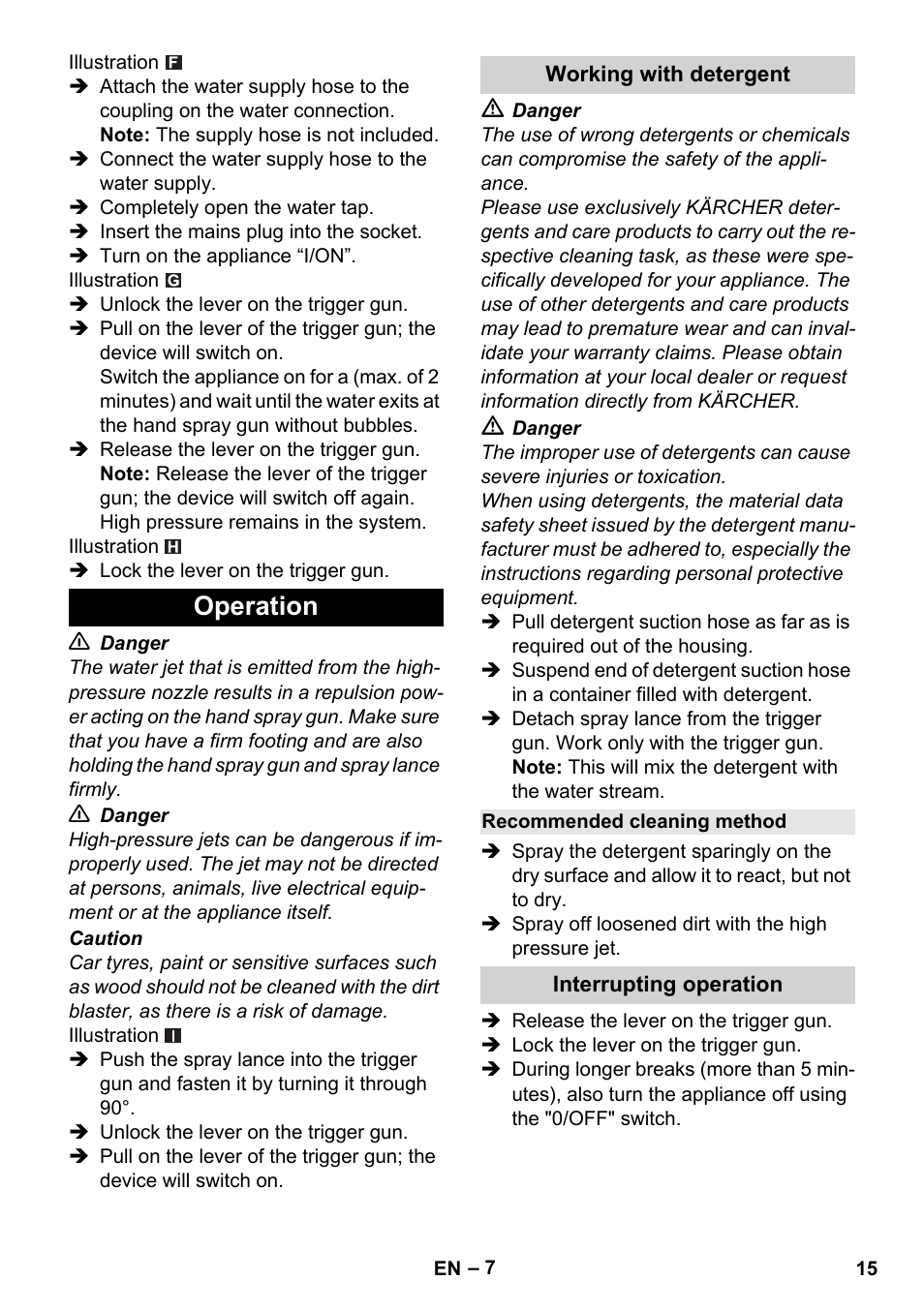 Operation, Working with detergent, Recommended cleaning method | Interrupting operation | Karcher K 2 Basic User Manual | Page 15 / 244