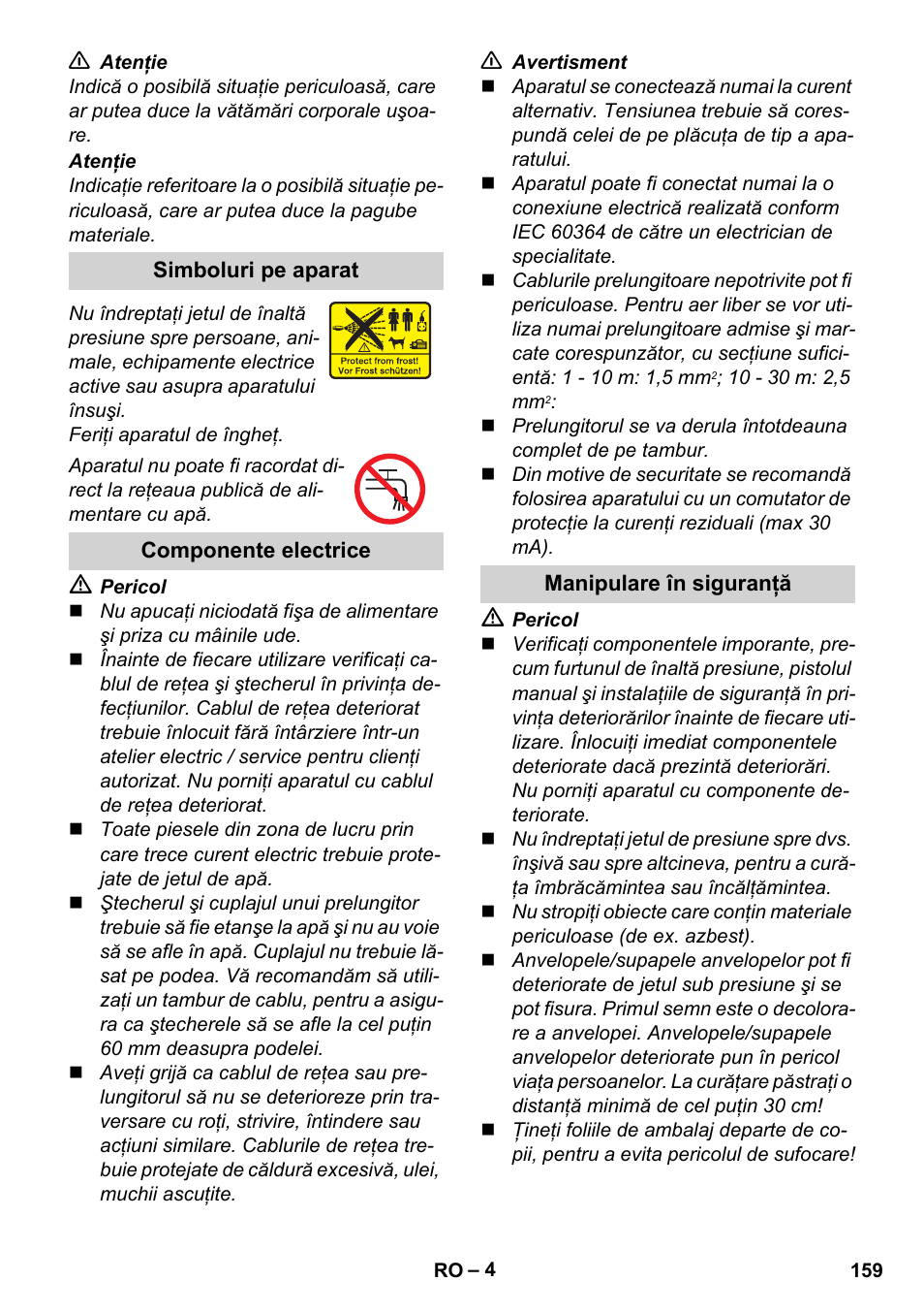 Simboluri pe aparat, Componente electrice, Manipulare în siguranţă | Karcher K 2 Basic User Manual | Page 159 / 244