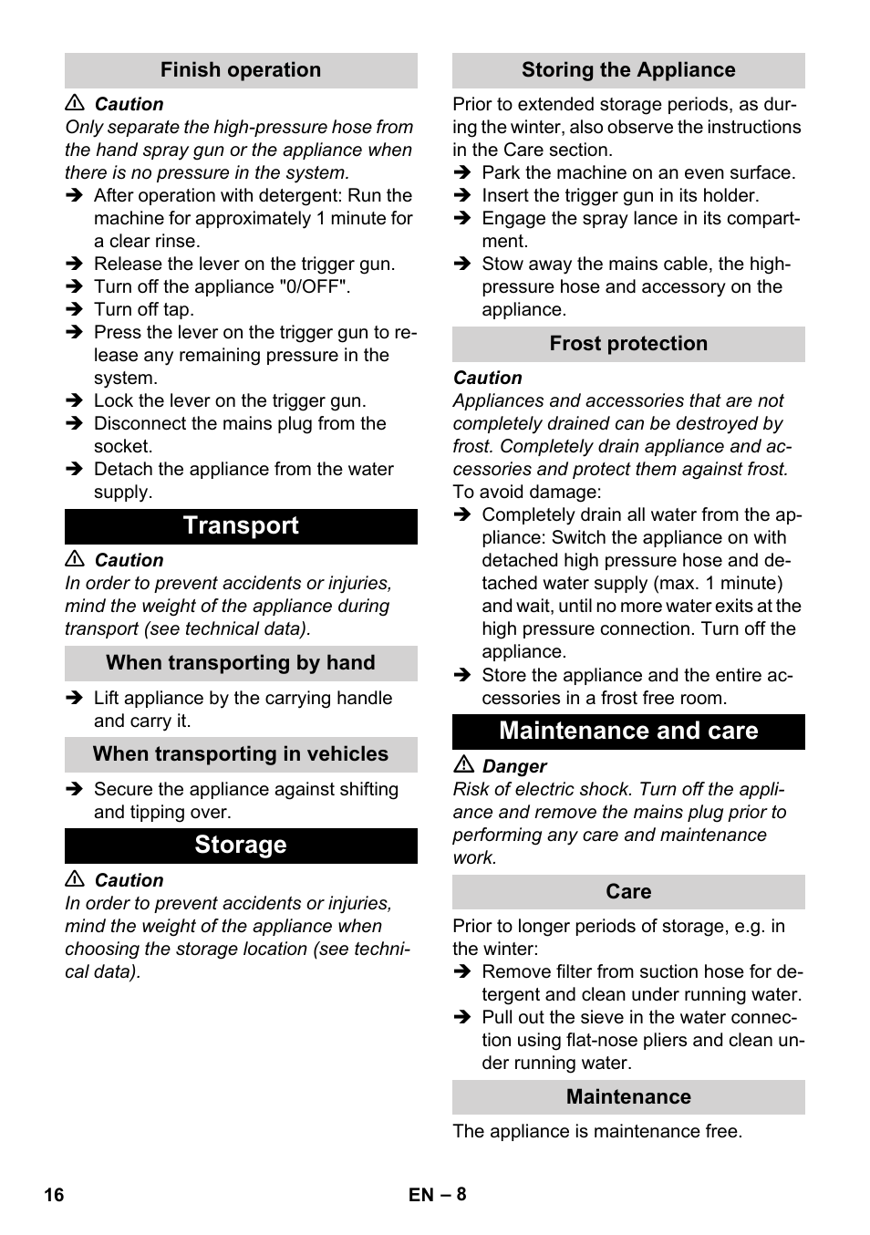 Finish operation, Transport, When transporting by hand | When transporting in vehicles, Storage, Storing the appliance, Frost protection, Maintenance and care, Care, Maintenance | Karcher K 2 Basic User Manual | Page 16 / 244