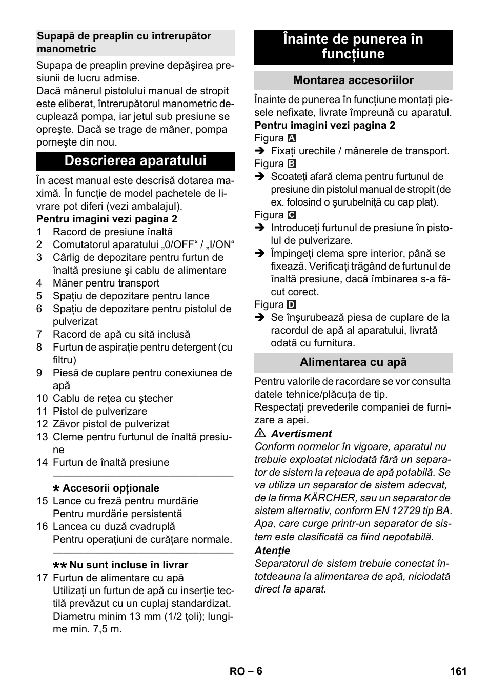 Supapă de preaplin cu întrerupător manometric, Descrierea aparatului, Înainte de punerea în funcţiune | Montarea accesoriilor, Alimentarea cu apă | Karcher K 2 Basic User Manual | Page 161 / 244