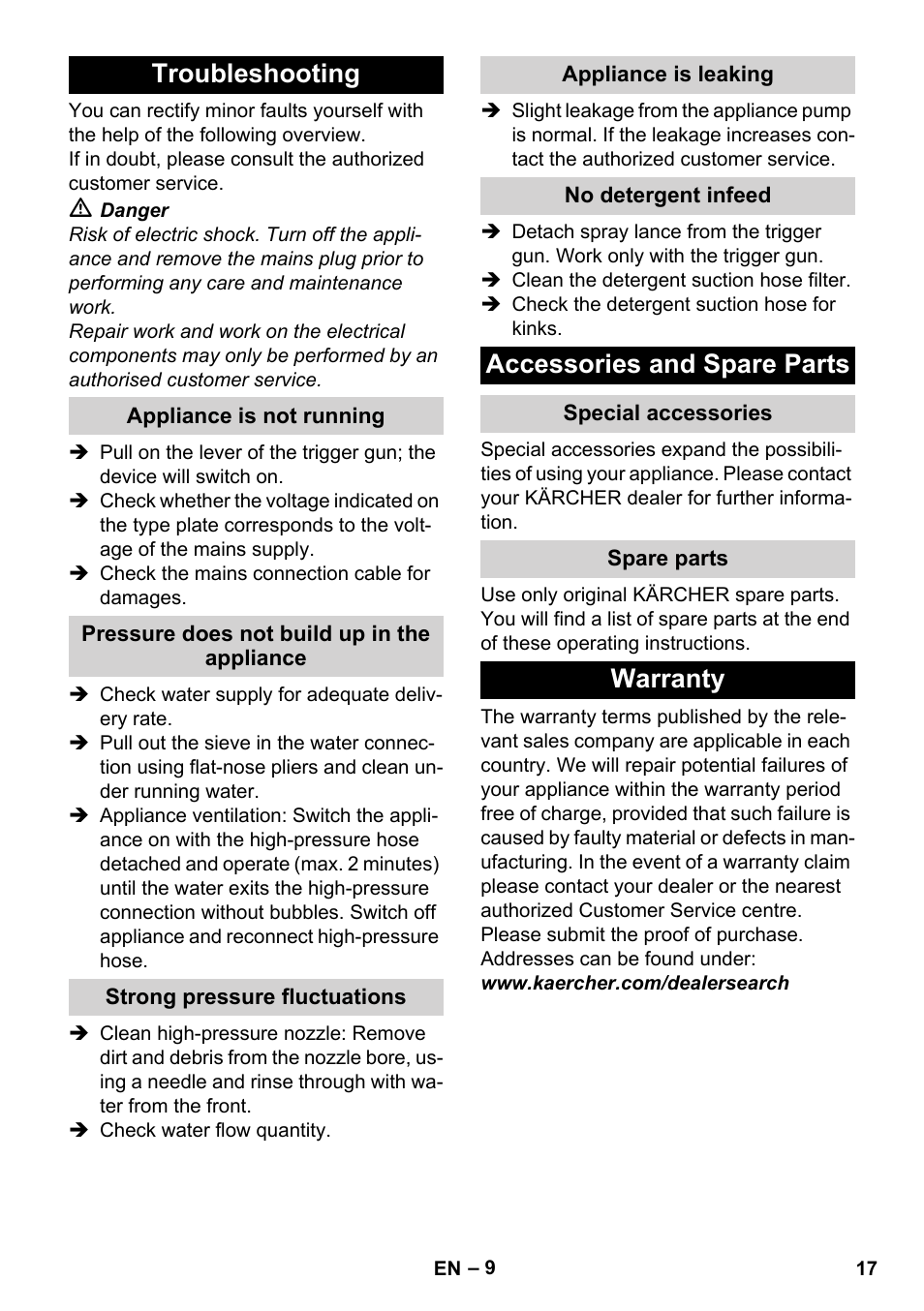 Troubleshooting, Appliance is not running, Pressure does not build up in the appliance | Strong pressure fluctuations, Appliance is leaking, No detergent infeed, Accessories and spare parts, Special accessories, Spare parts, Warranty | Karcher K 2 Basic User Manual | Page 17 / 244