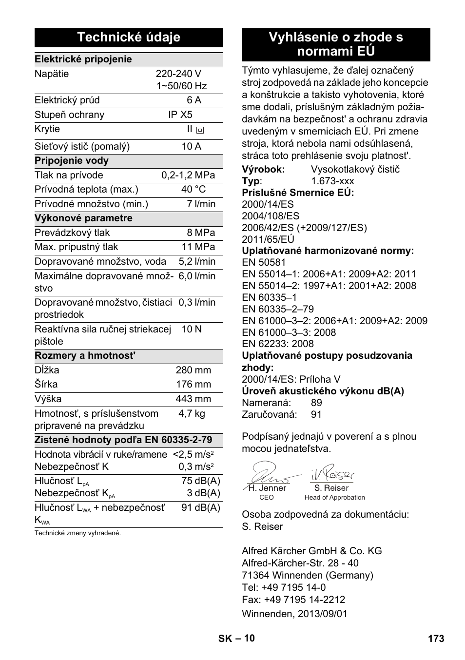 Technické údaje, Vyhlásenie o zhode s normami eú | Karcher K 2 Basic User Manual | Page 173 / 244