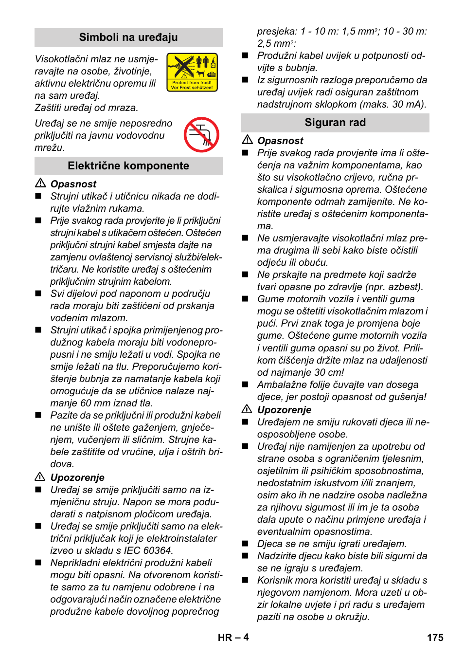 Simboli na uređaju, Električne komponente, Siguran rad | Karcher K 2 Basic User Manual | Page 175 / 244