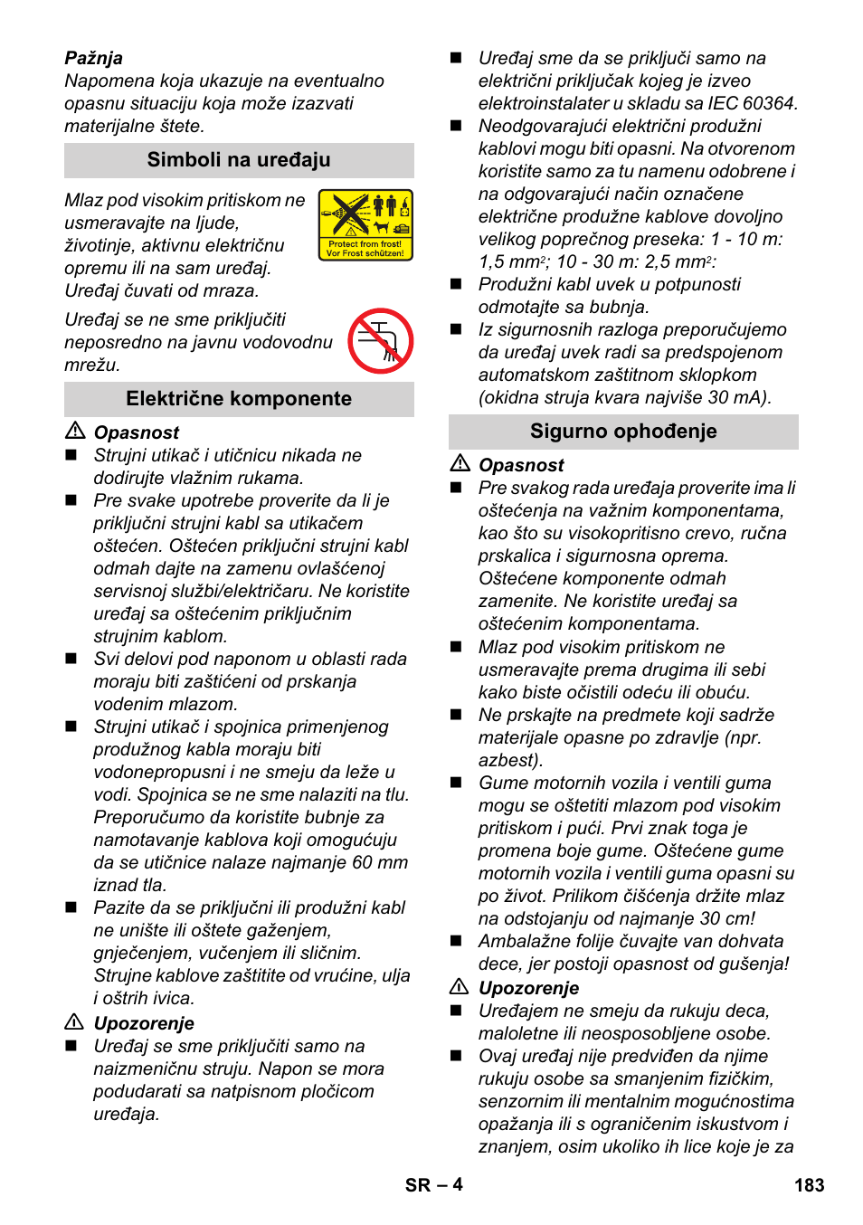 Simboli na uređaju, Električne komponente, Sigurno ophođenje | Karcher K 2 Basic User Manual | Page 183 / 244