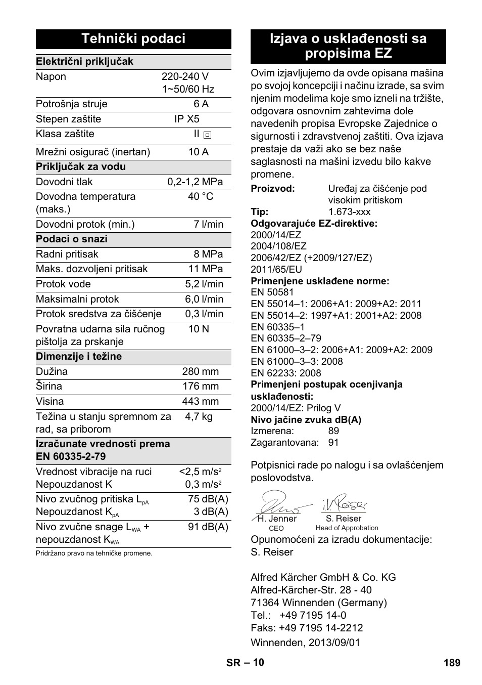 Tehnički podaci, Izjava o usklađenosti sa propisima ez | Karcher K 2 Basic User Manual | Page 189 / 244