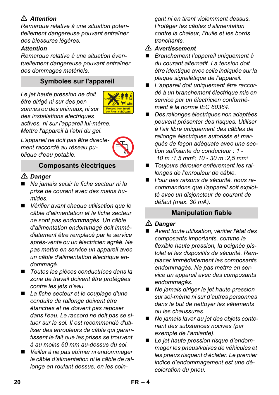 Symboles sur l'appareil, Composants électriques, Manipulation fiable | Karcher K 2 Basic User Manual | Page 20 / 244