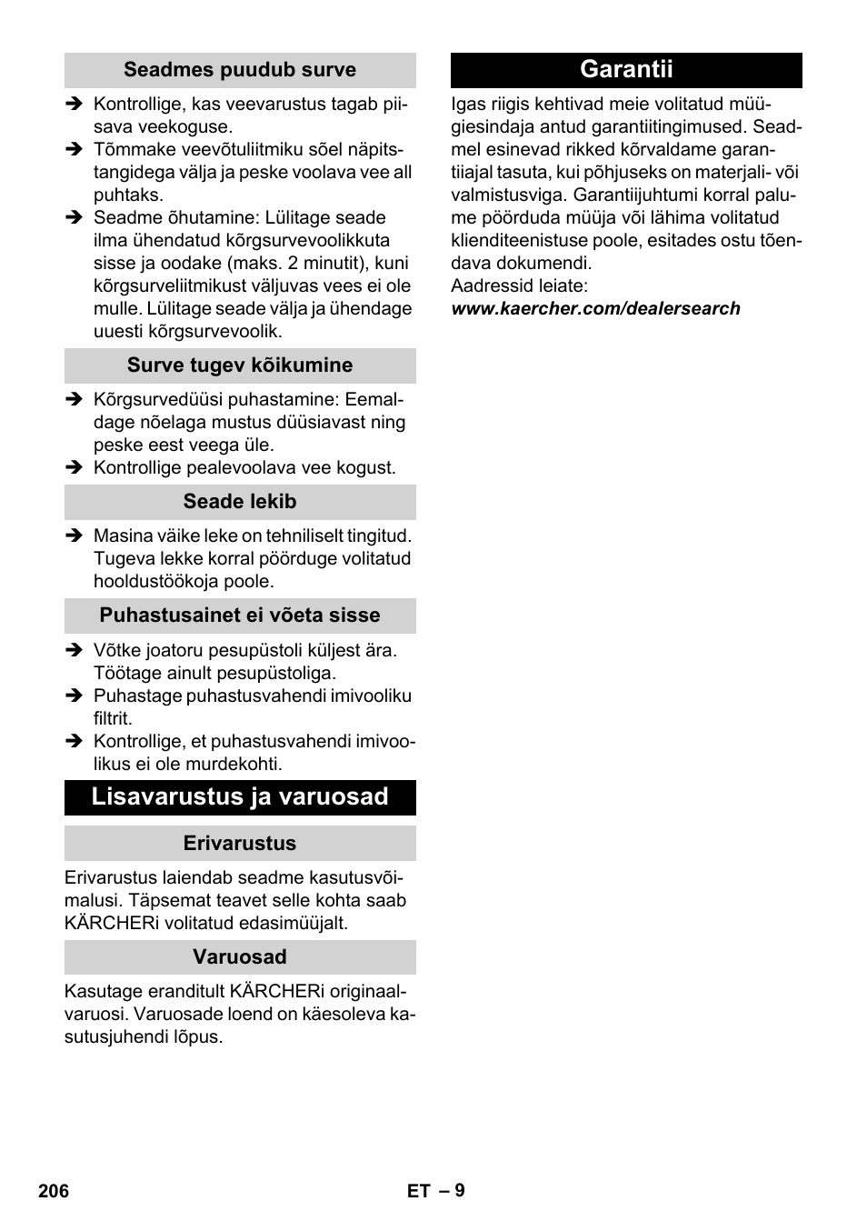 Seadmes puudub surve, Surve tugev kõikumine, Seade lekib | Puhastusainet ei võeta sisse, Lisavarustus ja varuosad, Erivarustus, Varuosad, Garantii | Karcher K 2 Basic User Manual | Page 206 / 244