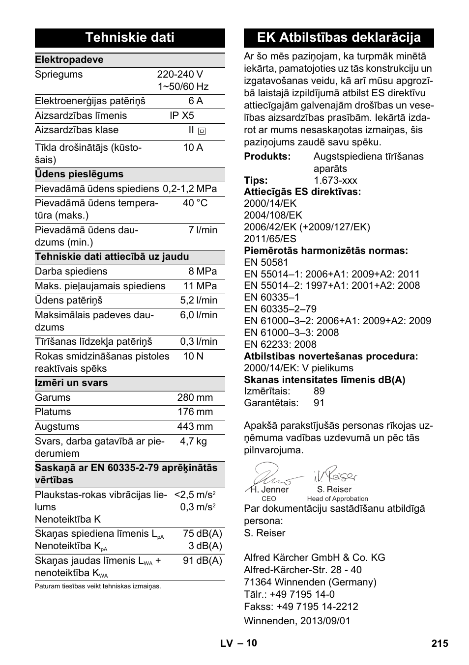 Tehniskie dati, Ek atbilstības deklarācija | Karcher K 2 Basic User Manual | Page 215 / 244