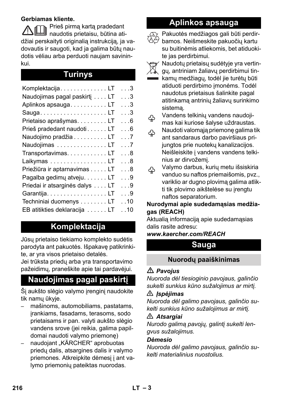 Lietuviškai, Turinys, Komplektacija | Naudojimas pagal paskirtį, Aplinkos apsauga, Sauga, Nuorodų paaiškinimas | Karcher K 2 Basic User Manual | Page 216 / 244