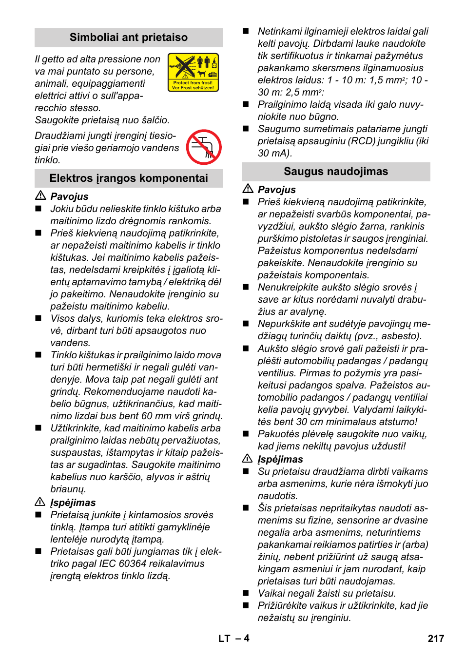 Simboliai ant prietaiso, Elektros įrangos komponentai, Saugus naudojimas | Karcher K 2 Basic User Manual | Page 217 / 244