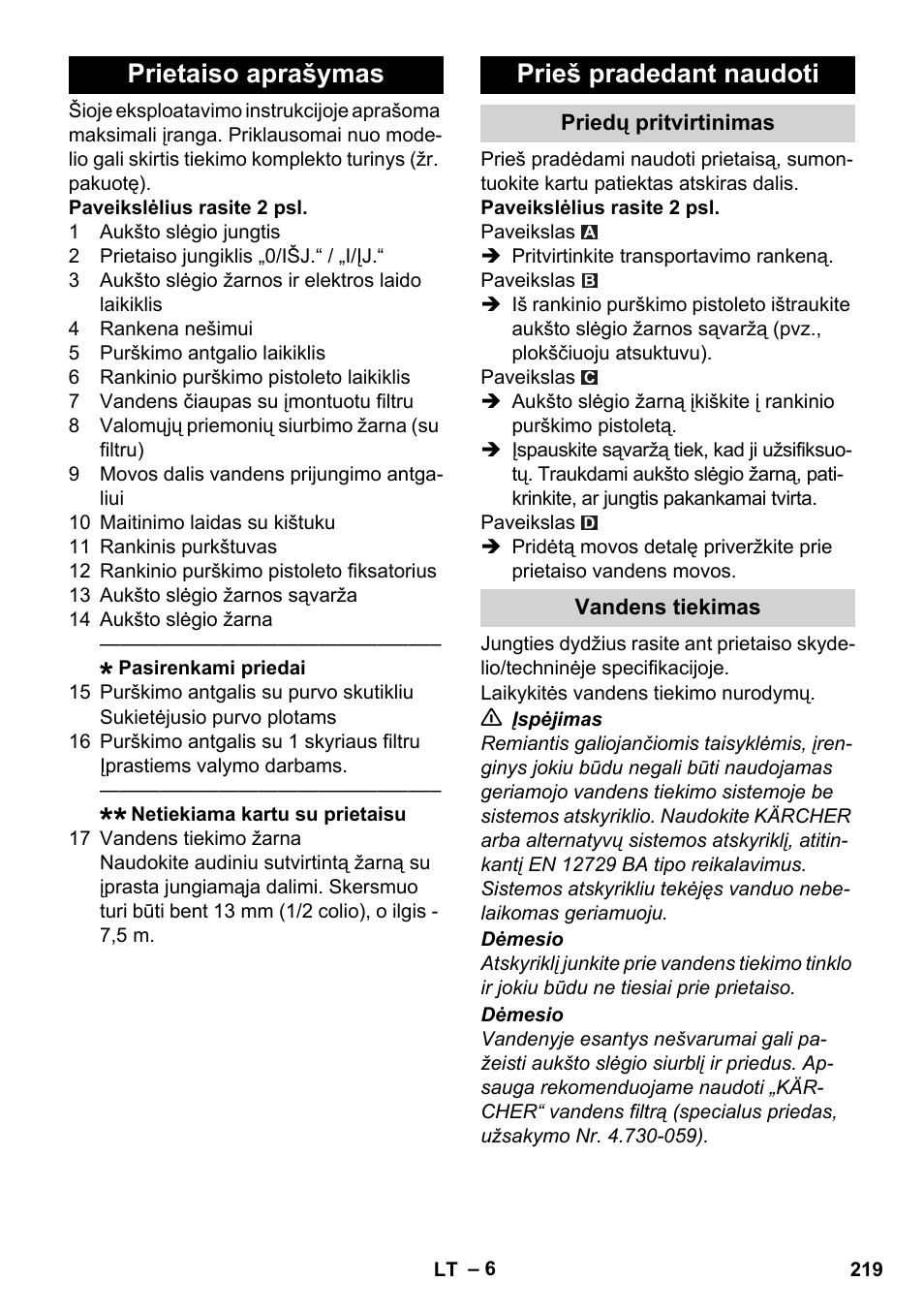 Prietaiso aprašymas, Prieš pradedant naudoti, Priedų pritvirtinimas | Vandens tiekimas, Prietaiso aprašymas prieš pradedant naudoti | Karcher K 2 Basic User Manual | Page 219 / 244