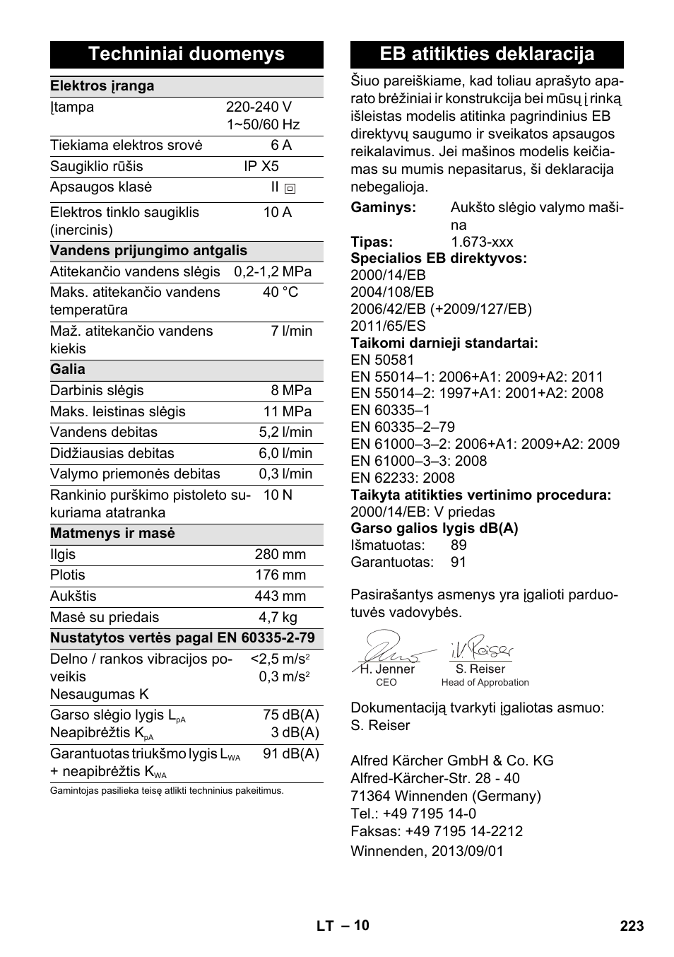 Techniniai duomenys, Eb atitikties deklaracija | Karcher K 2 Basic User Manual | Page 223 / 244