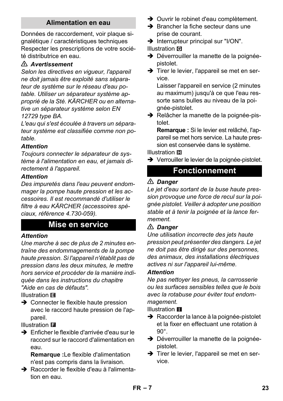 Alimentation en eau, Mise en service, Fonctionnement | Mise en service fonctionnement | Karcher K 2 Basic User Manual | Page 23 / 244