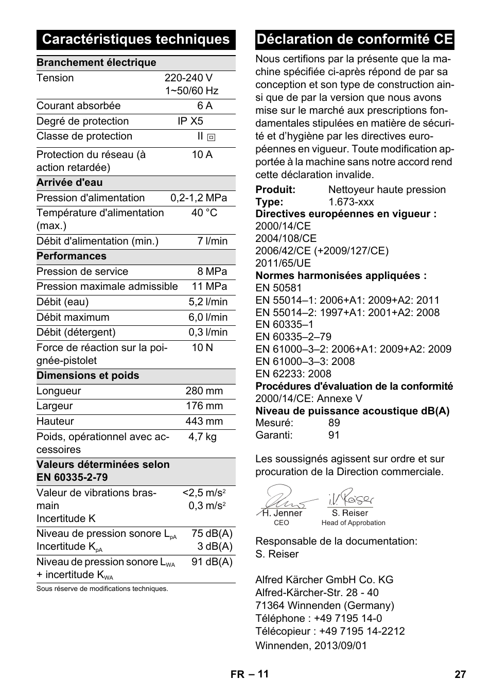 Caractéristiques techniques, Déclaration de conformité ce | Karcher K 2 Basic User Manual | Page 27 / 244