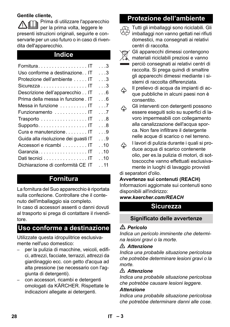 Italiano, Indice, Fornitura | Uso conforme a destinazione, Protezione dell’ambiente, Sicurezza, Significato delle avvertenze | Karcher K 2 Basic User Manual | Page 28 / 244