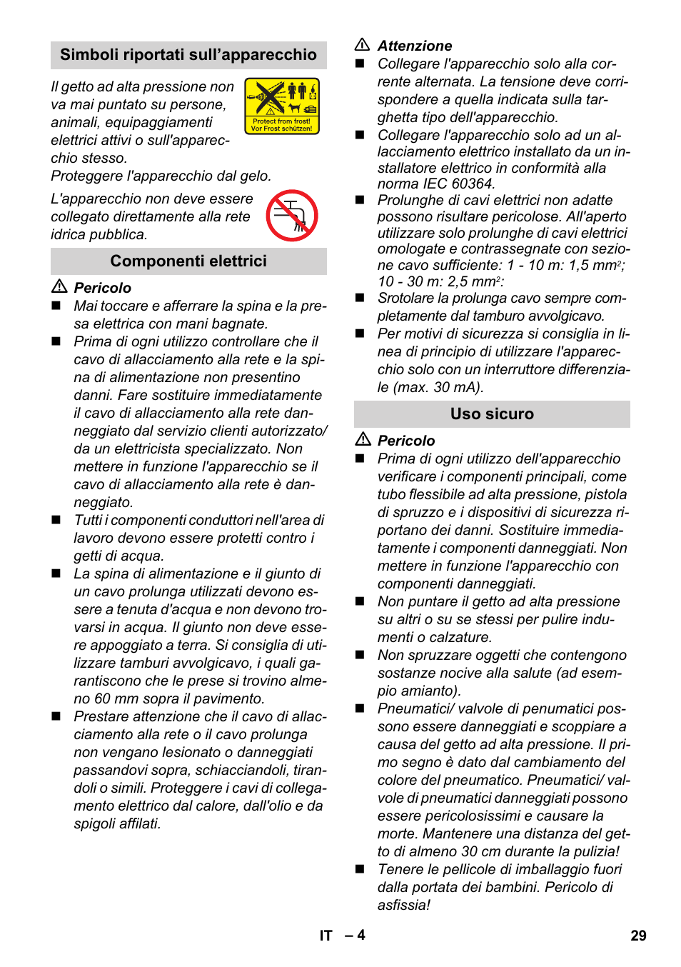 Simboli riportati sull’apparecchio, Componenti elettrici, Uso sicuro | Karcher K 2 Basic User Manual | Page 29 / 244