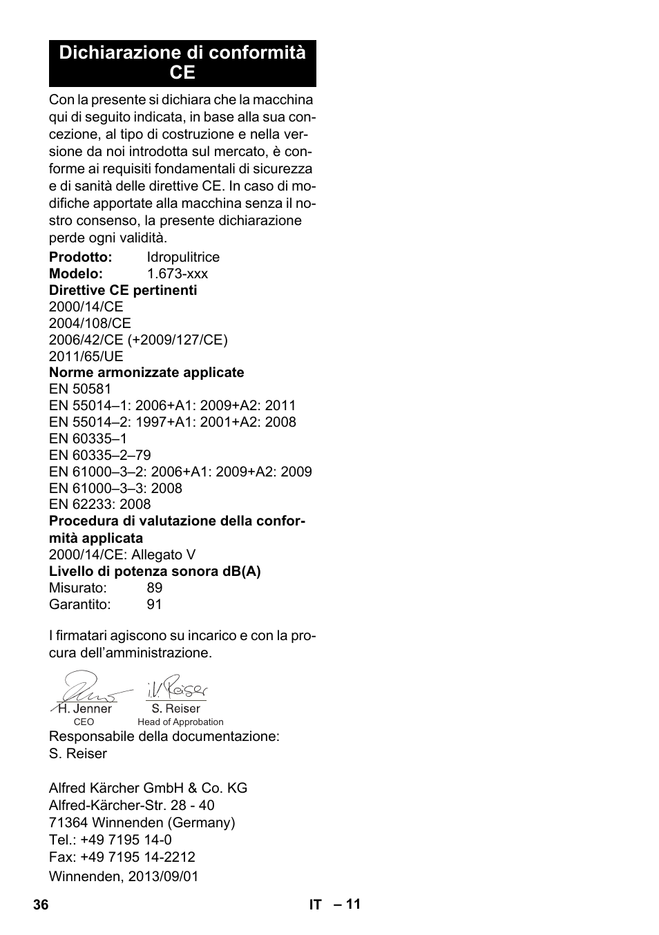 Dichiarazione di conformità ce | Karcher K 2 Basic User Manual | Page 36 / 244