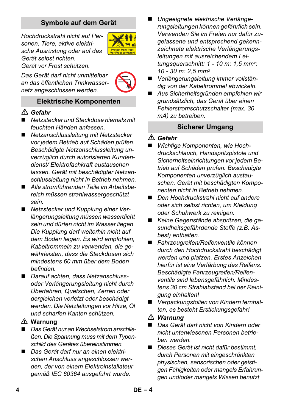 Symbole auf dem gerät, Elektrische komponenten, Sicherer umgang | Karcher K 2 Basic User Manual | Page 4 / 244