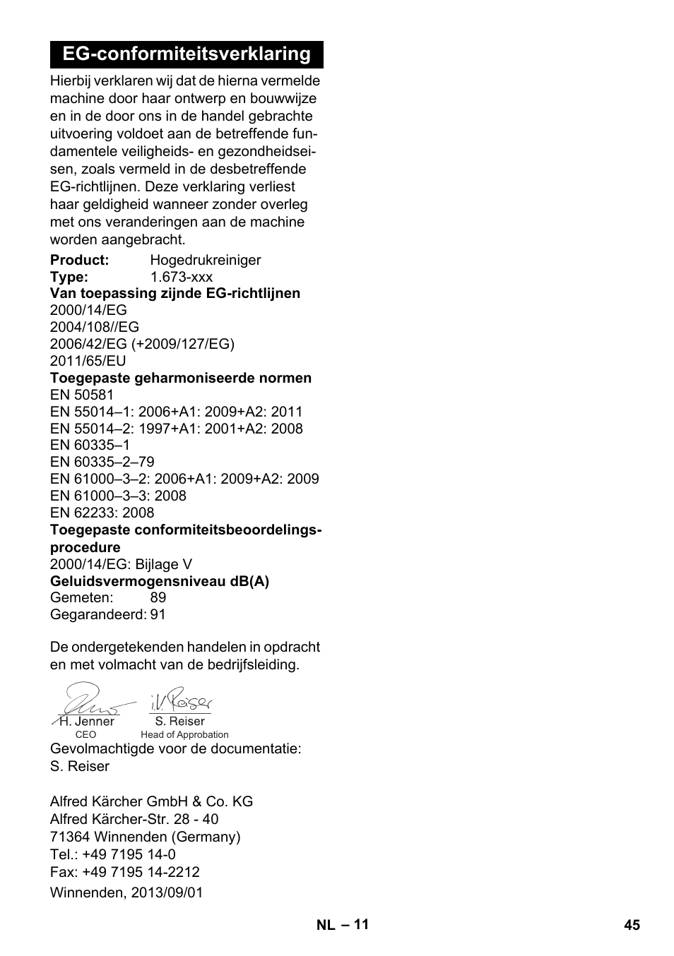 Eg-conformiteitsverklaring | Karcher K 2 Basic User Manual | Page 45 / 244