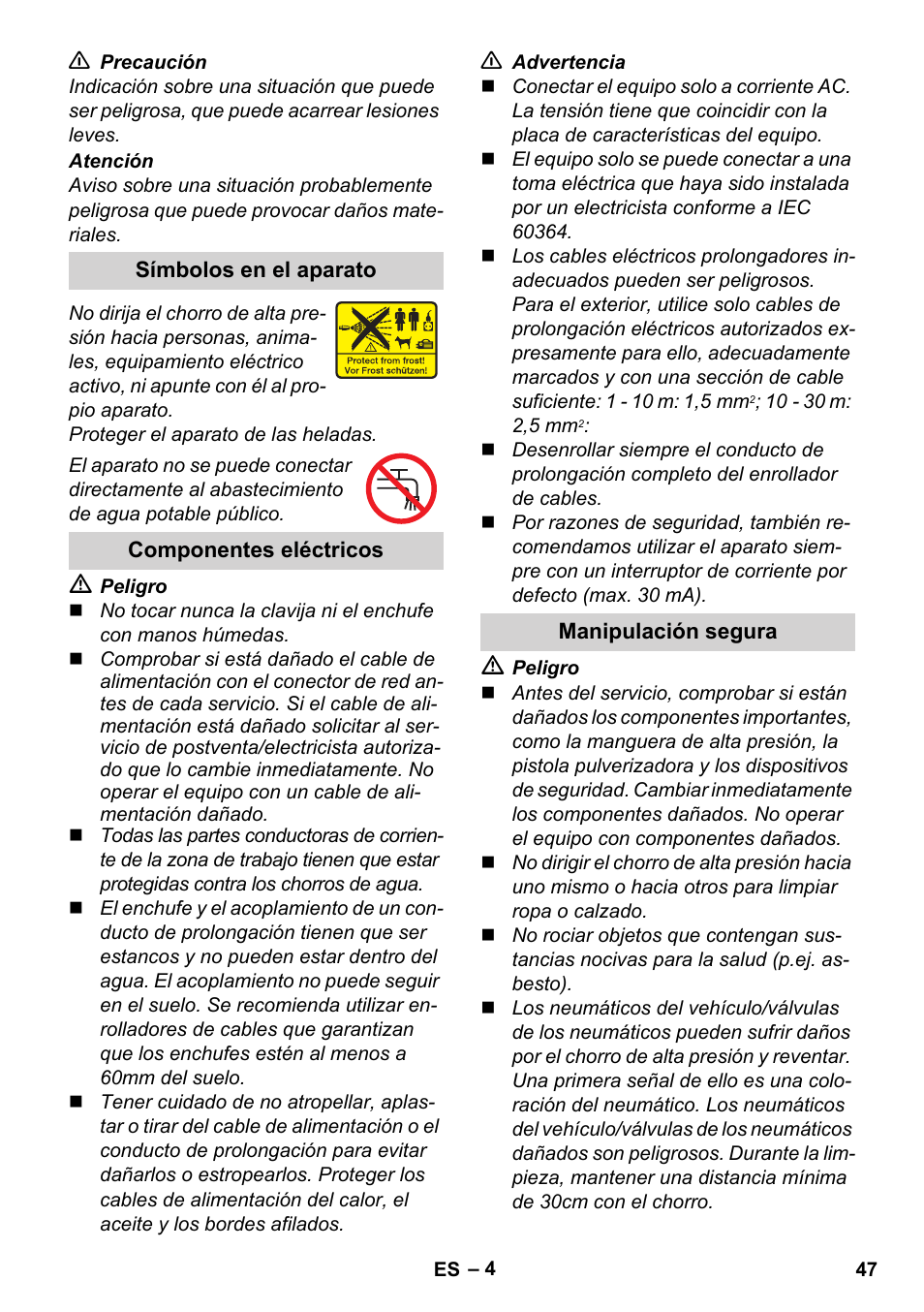 Símbolos en el aparato, Componentes eléctricos, Manipulación segura | Karcher K 2 Basic User Manual | Page 47 / 244