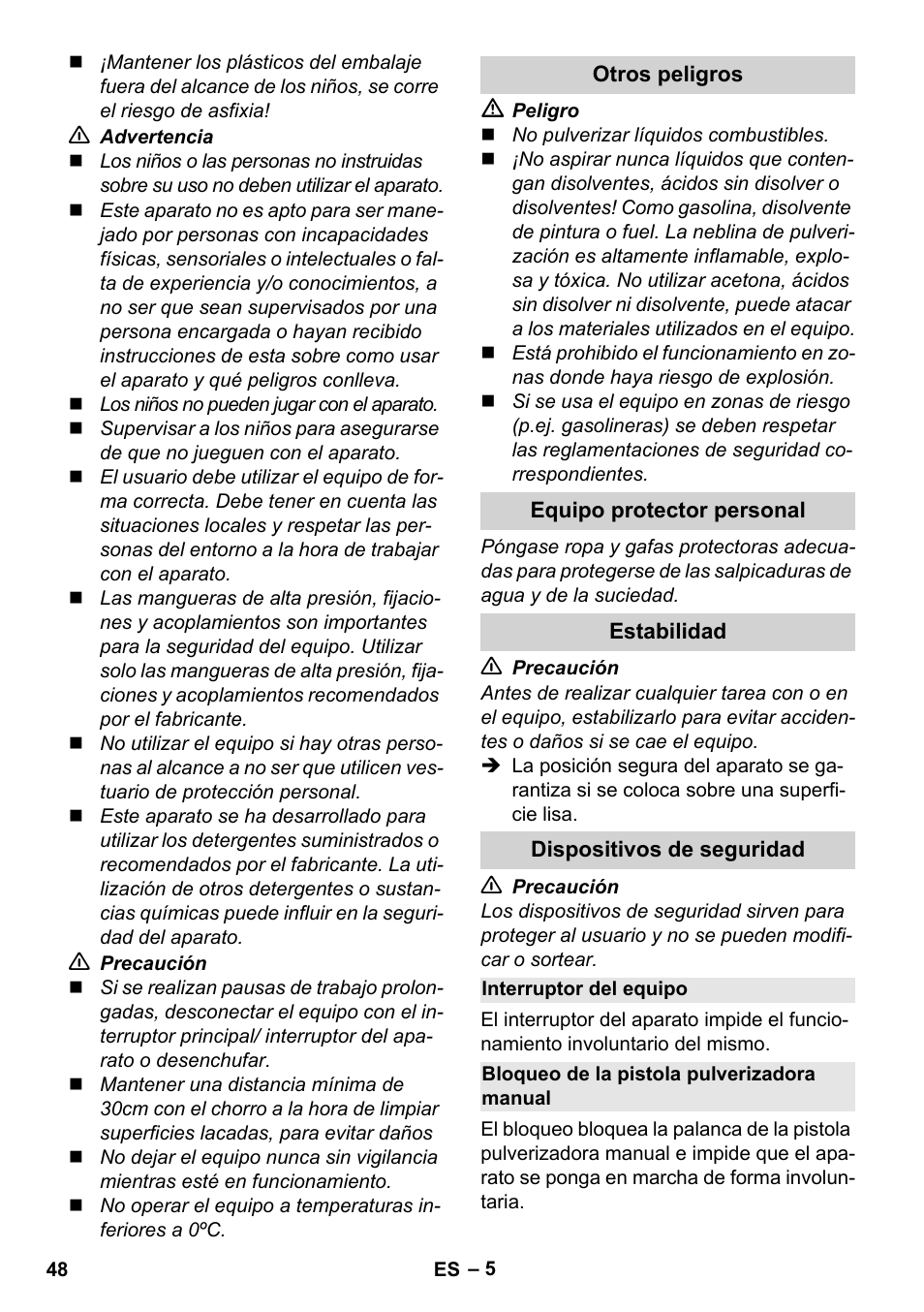 Otros peligros, Equipo protector personal, Estabilidad | Dispositivos de seguridad, Interruptor del equipo, Bloqueo de la pistola pulverizadora manual | Karcher K 2 Basic User Manual | Page 48 / 244