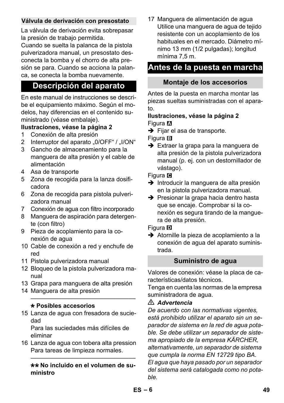 Válvula de derivación con presostato, Descripción del aparato, Antes de la puesta en marcha | Montaje de los accesorios, Suministro de agua | Karcher K 2 Basic User Manual | Page 49 / 244
